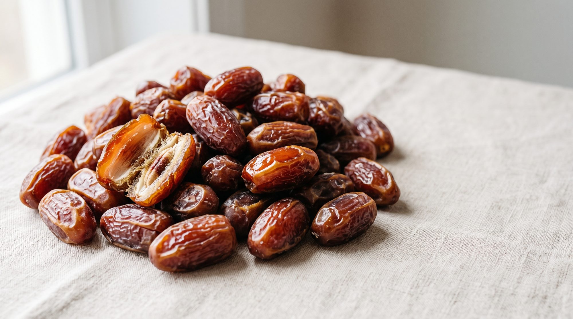 Medjool dates, one cut open to show the flesh