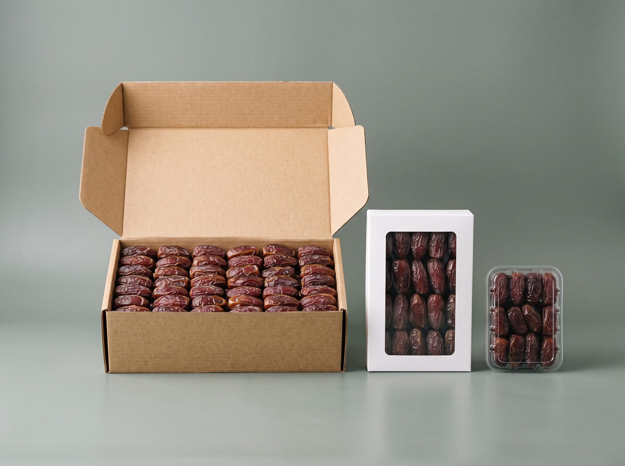 A 5 kg carton, a 1 kg box and a 500 g tray of dates