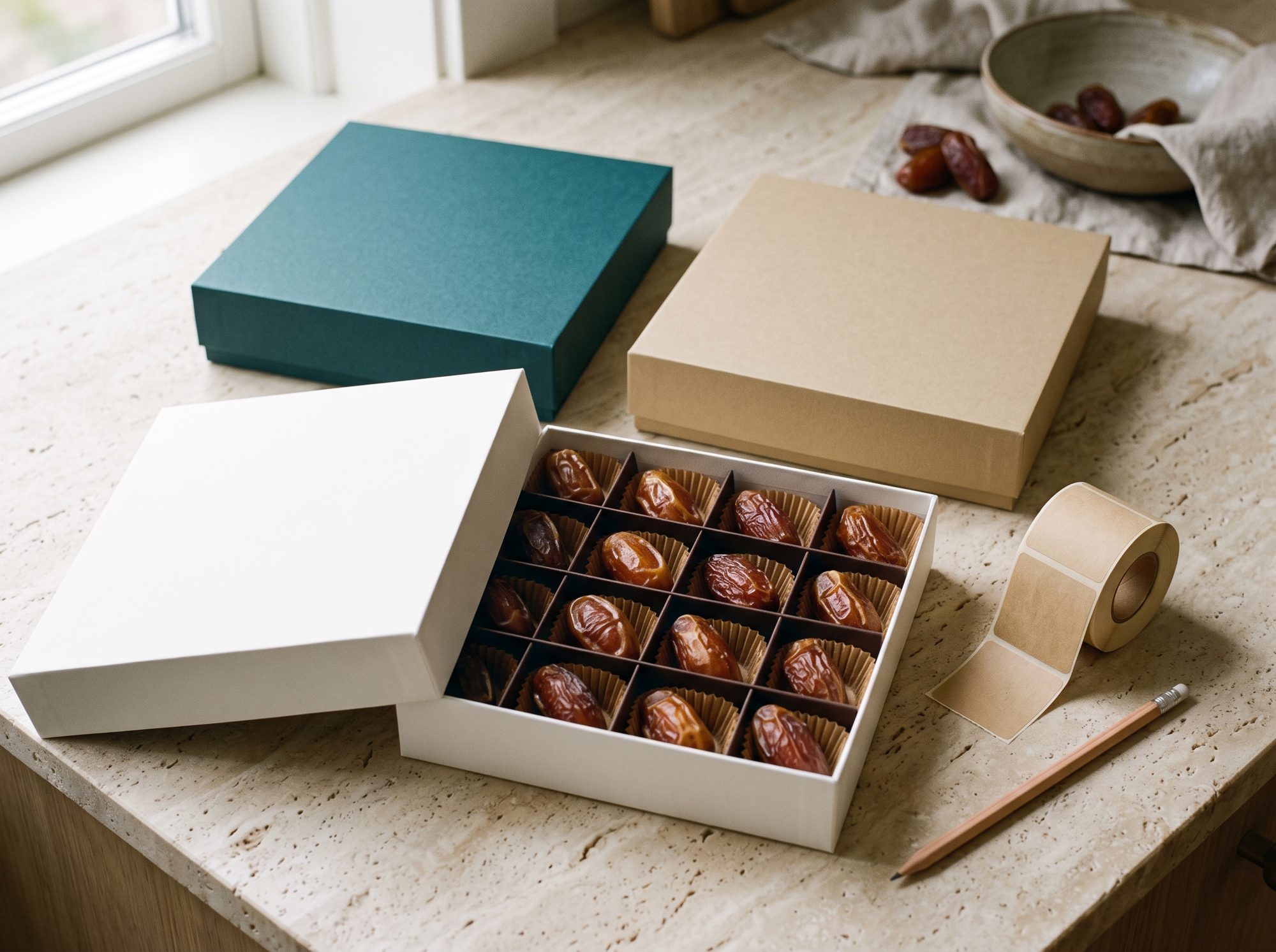 Unbranded retail date boxes ready for custom labels